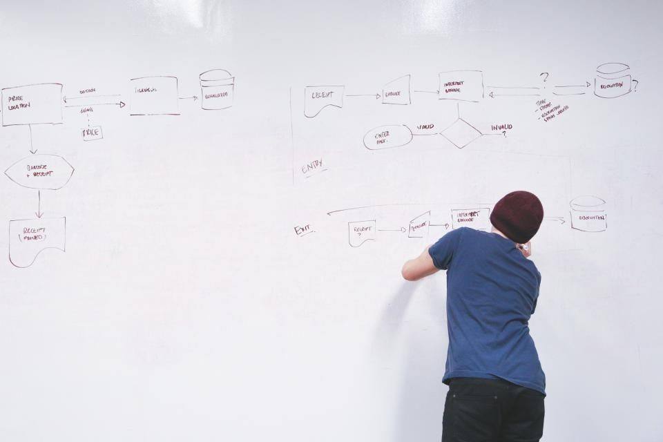 Man tekent een schema op een whiteboard